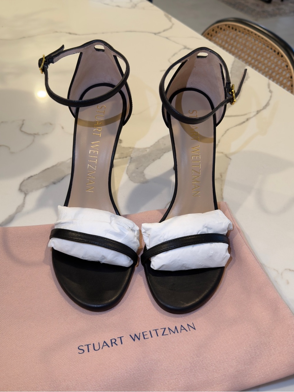 Stuart Weitzman Black Leather Ankle-Strap Heels